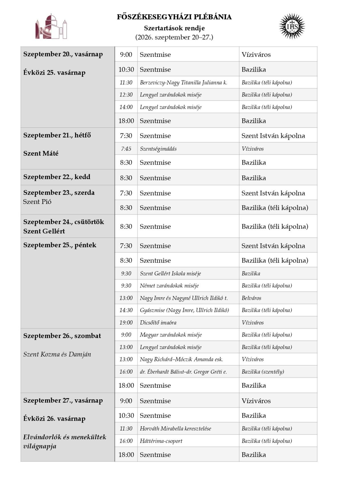 Szertartásrend - 2026. szeptember 20