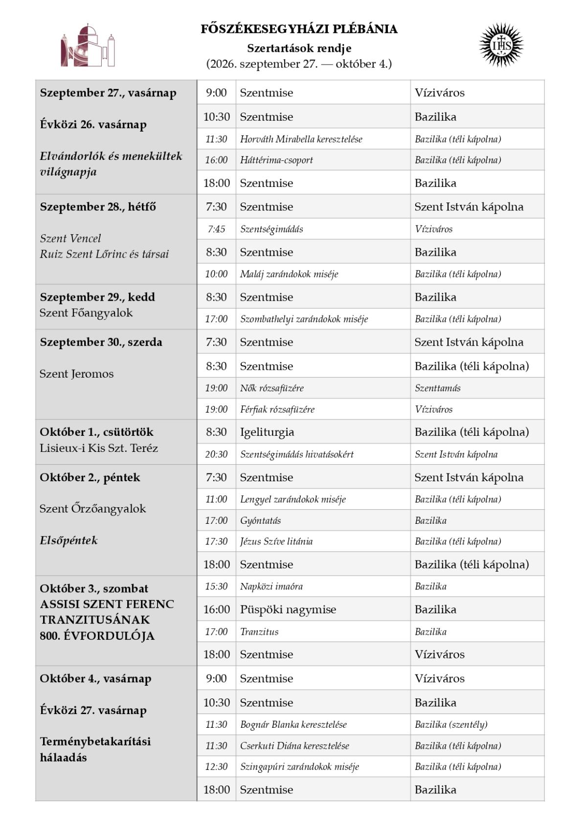 Szertartásrend - 2026. szeptember 27.