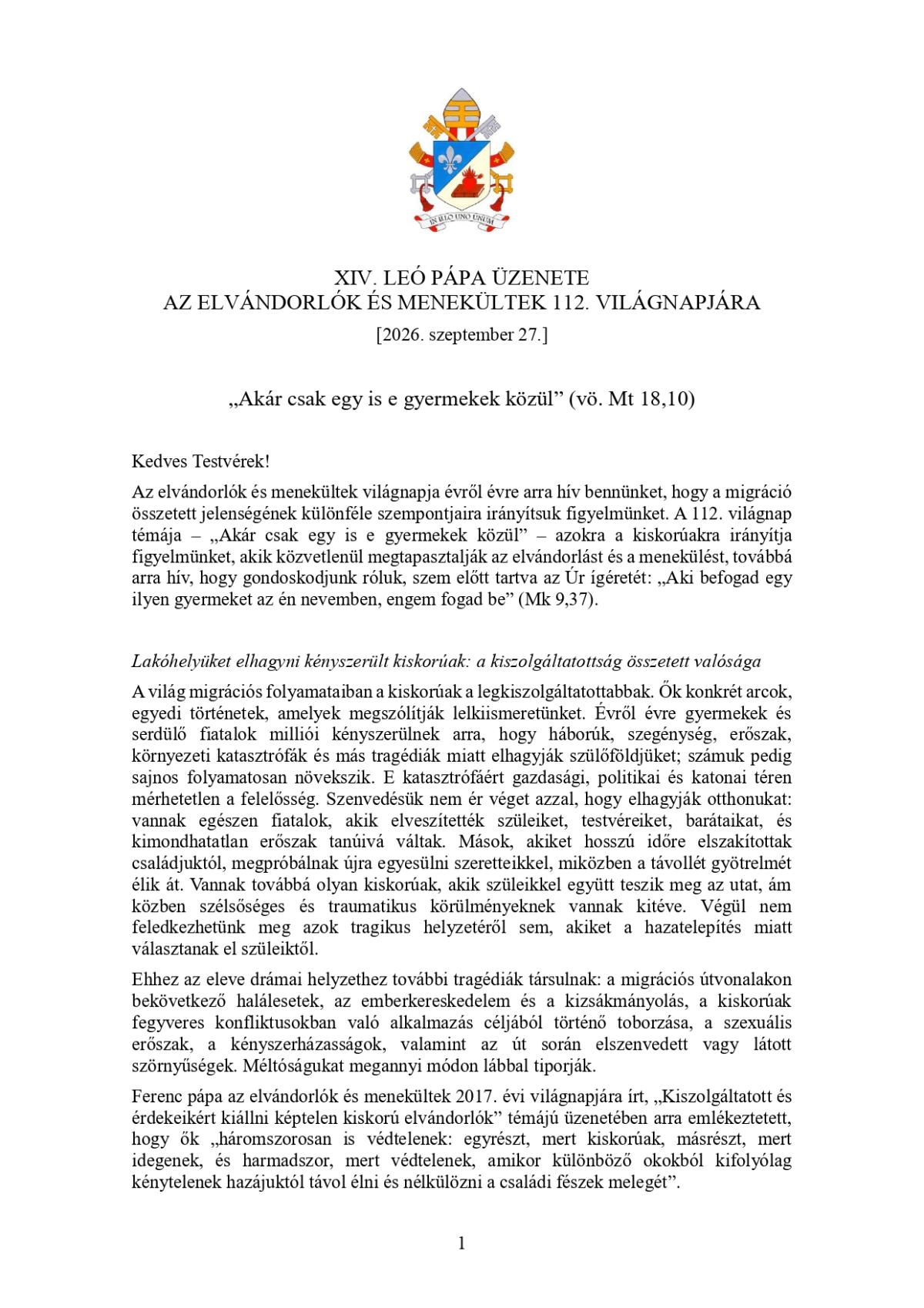 XIV. Leo pápa üzenete