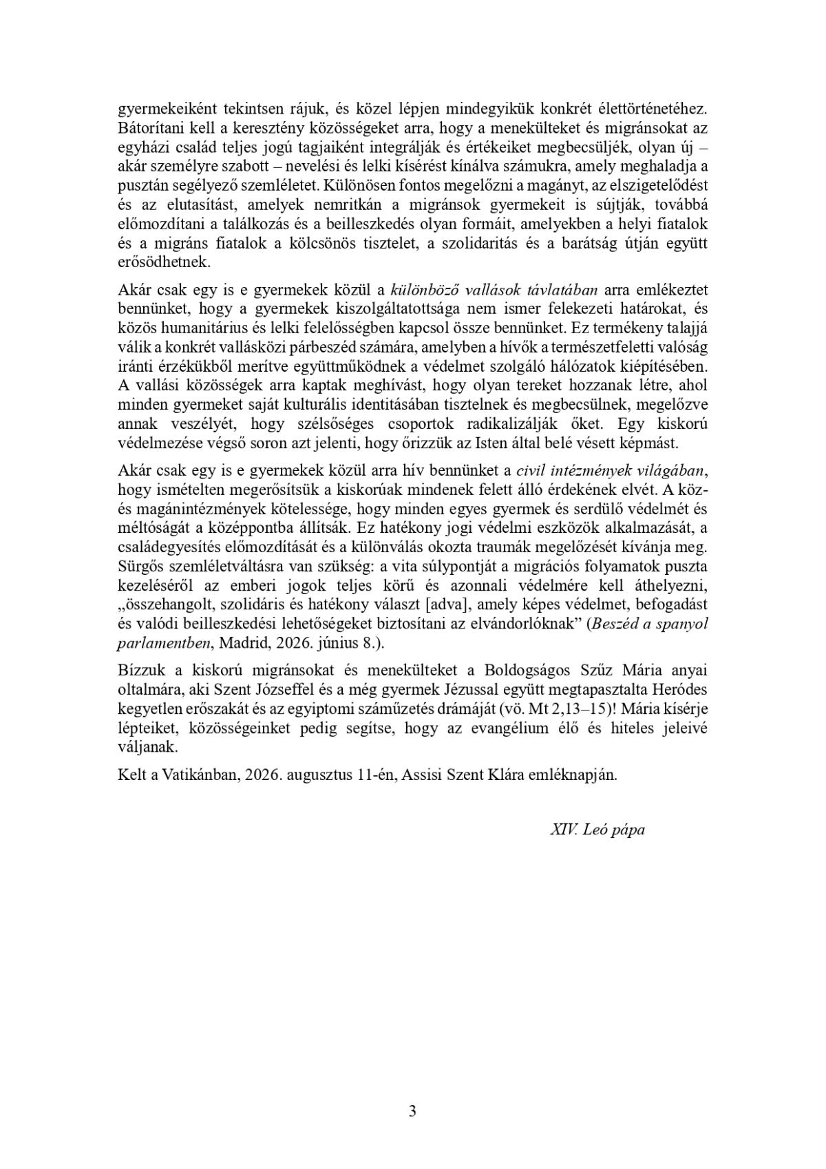 XIV. Leo pápa üzenete